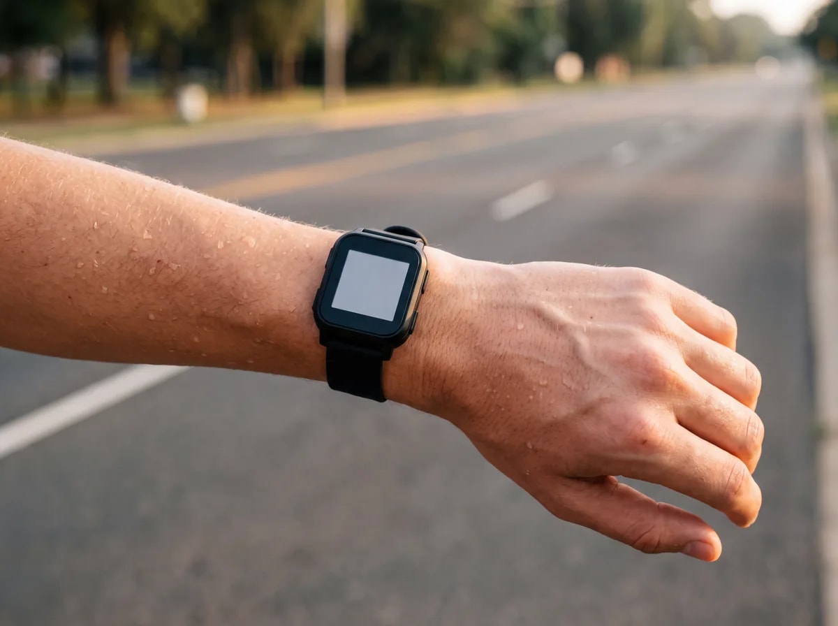 Una muñeca con un reloj deportivo, en una carretera al aire libre.