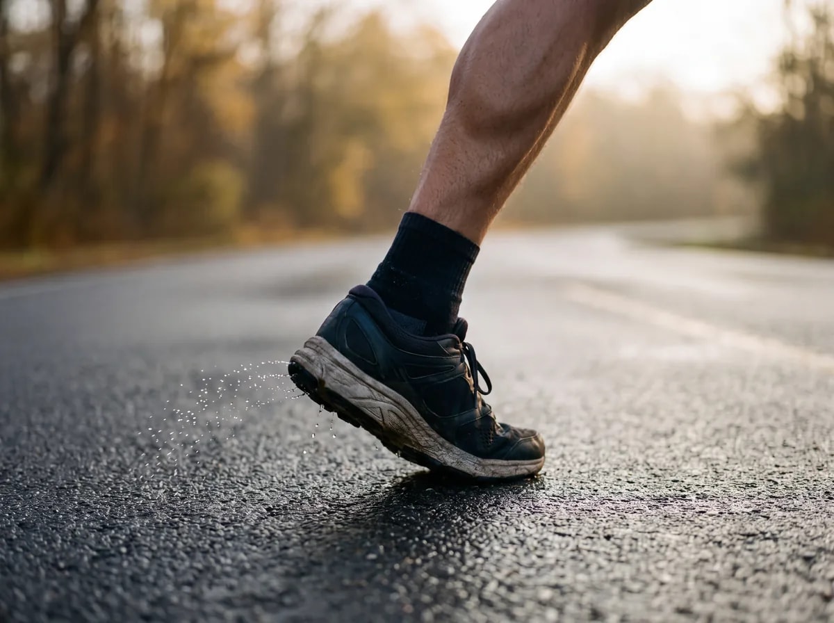 Una zapatilla de correr pisando asfalto mojado al amanecer con una salpicadura de agua.