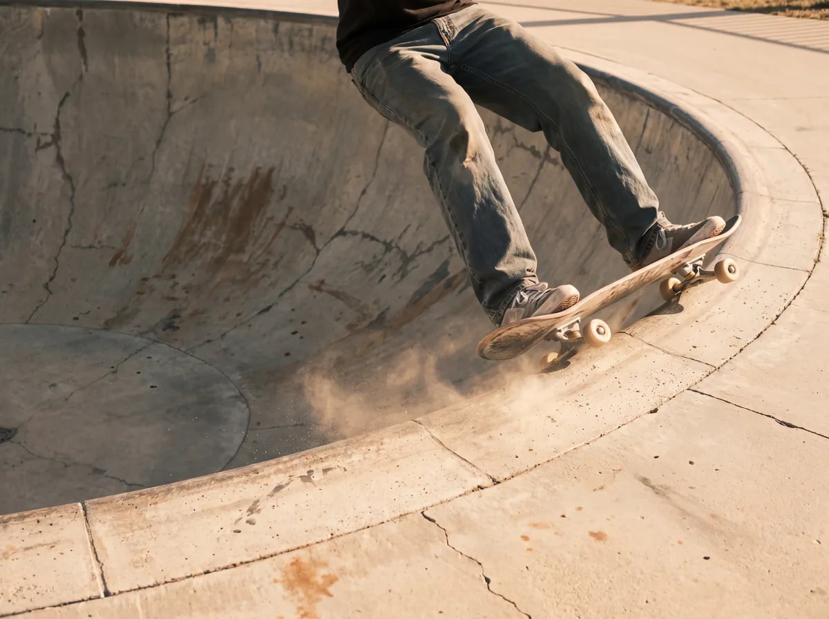 Vista desde abajo de una tabla de skate en el aire, con las ruedas todavía girando.