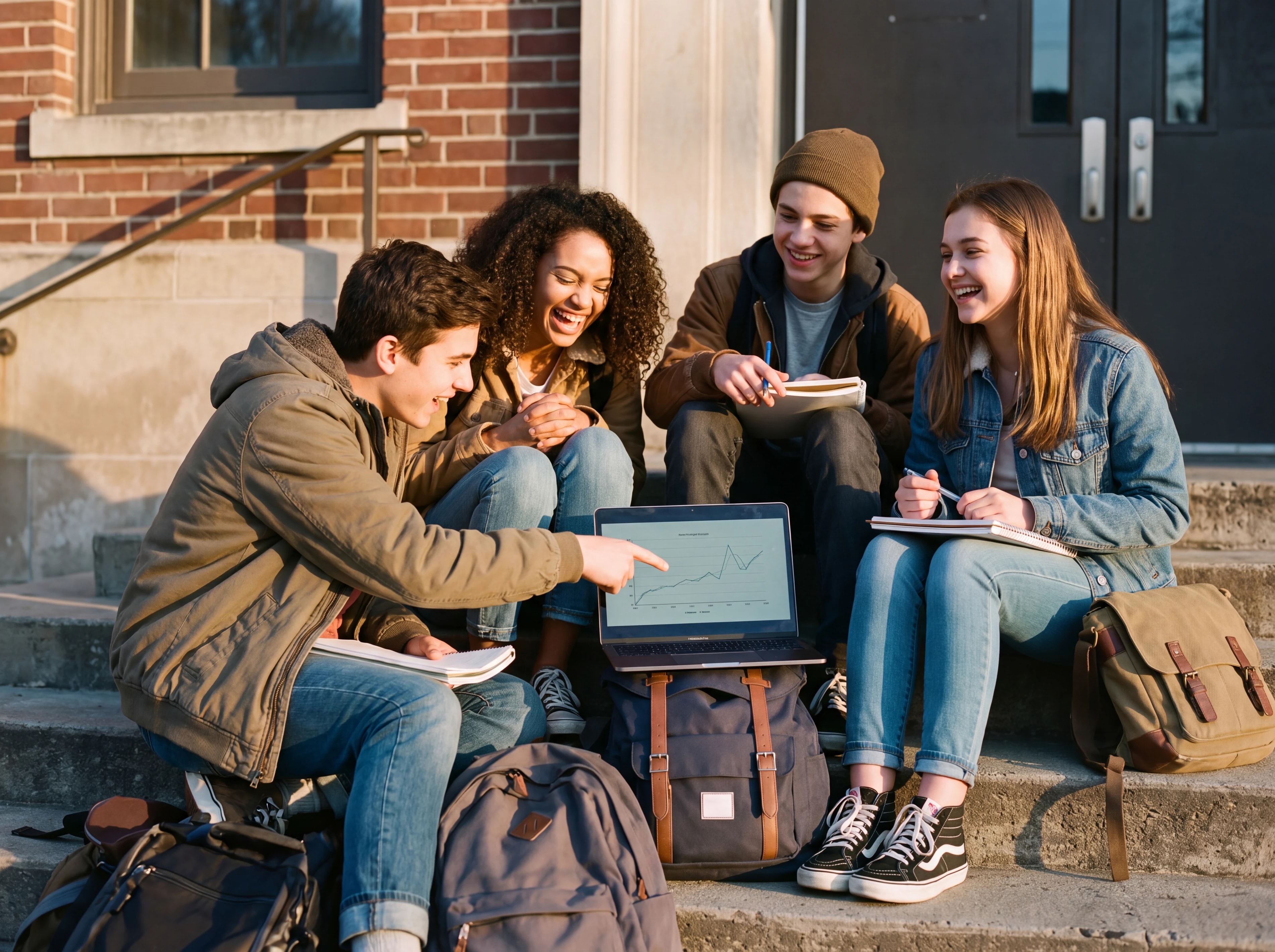 Cuatro adolescentes estudiando juntos en unas escaleras, riéndose.