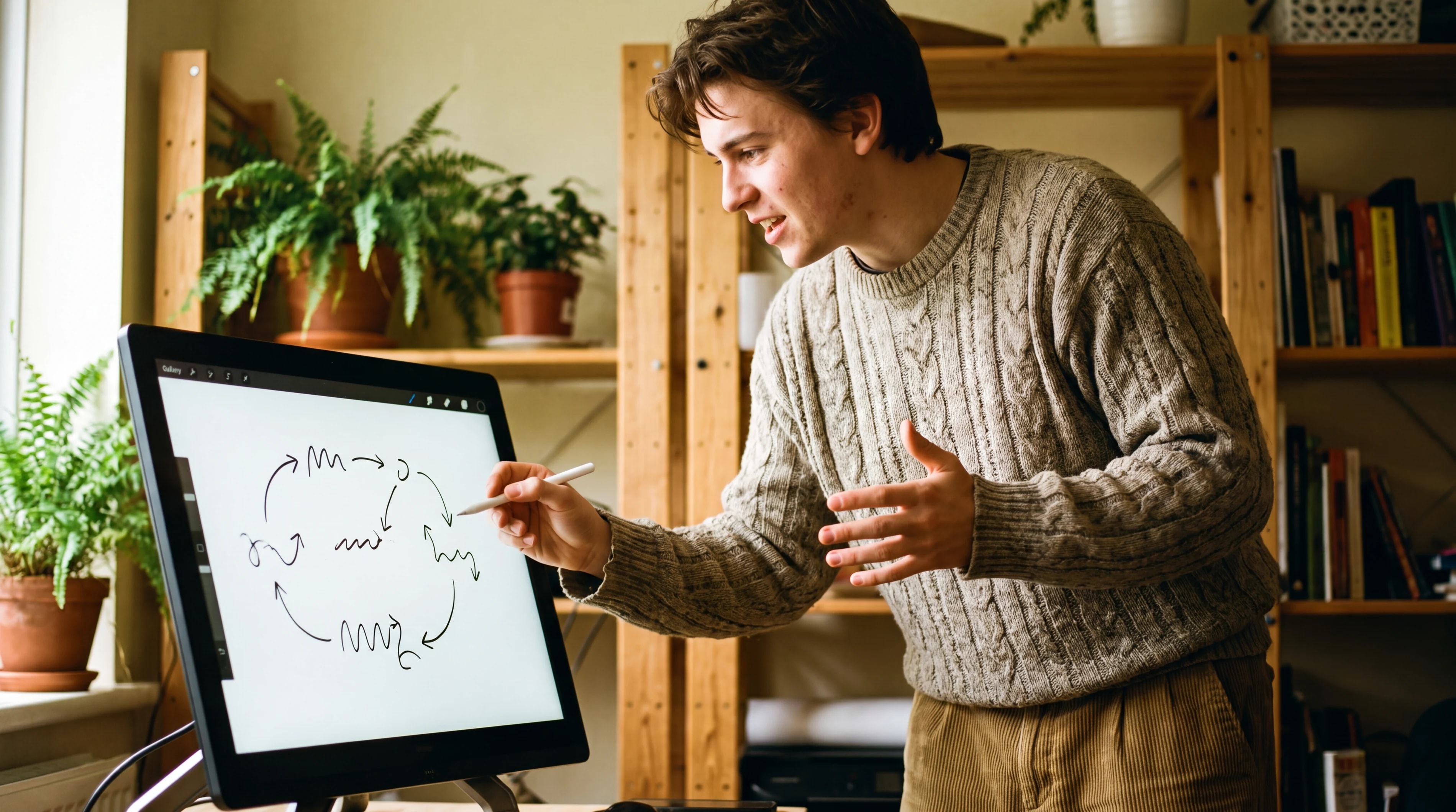 Un profe joven explicando un diagrama en una pizarra digital.