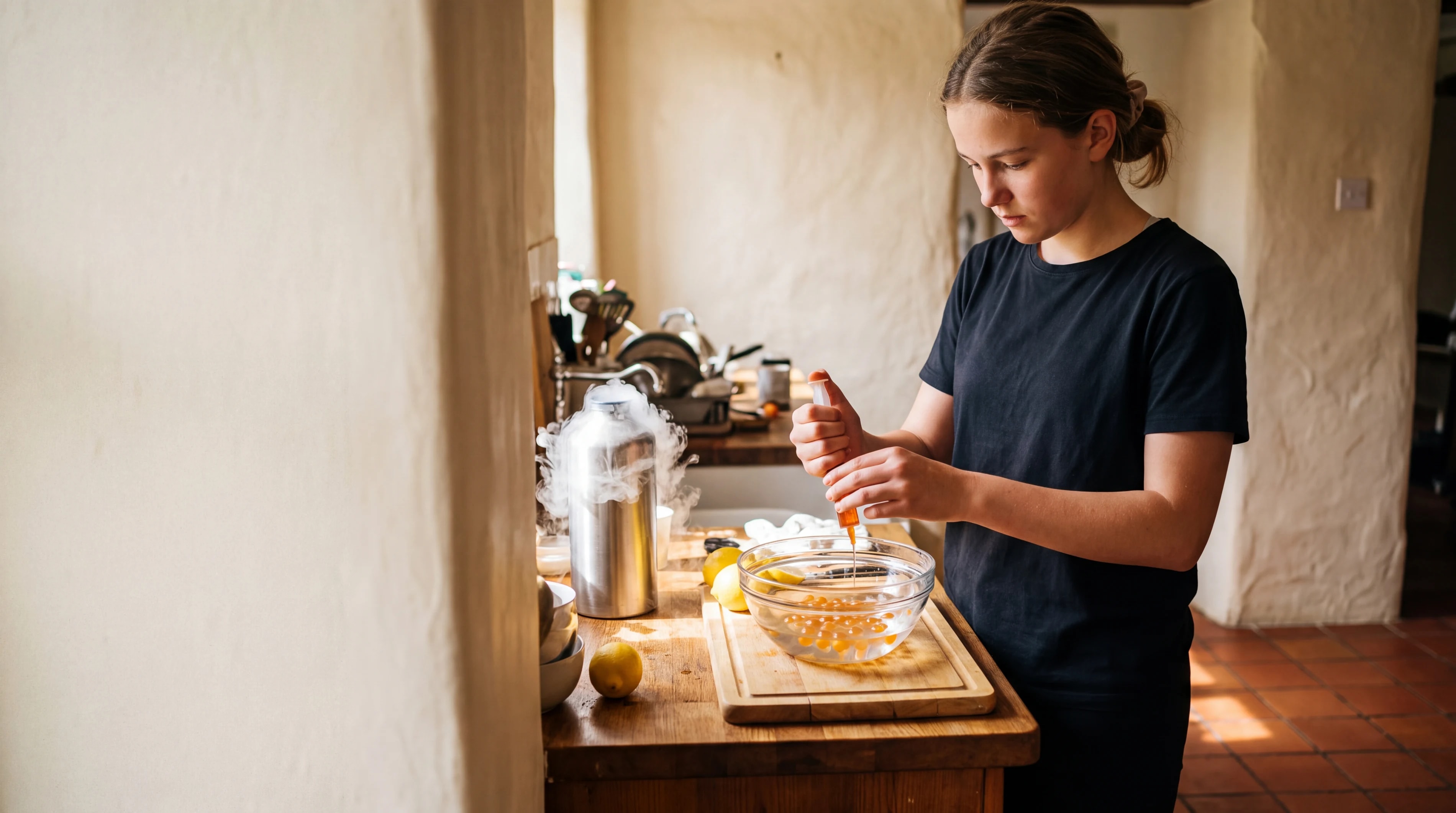Una estudiante forma esferas de mango en una cocina.